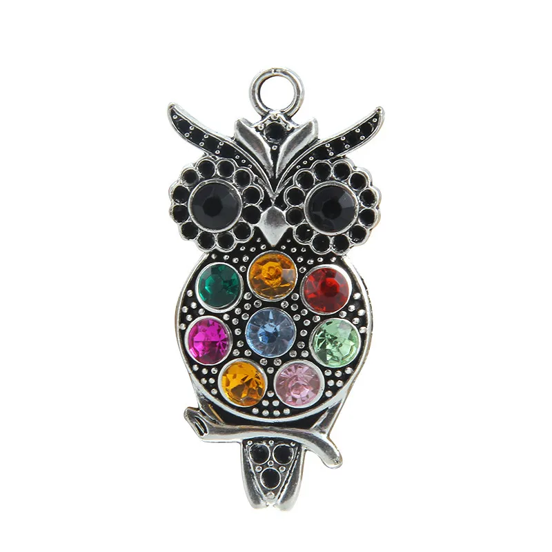 

1Pcs 23x49mm Antique Silver Plated Alloy Colorful Rhinestone Owl Pendant Charms For Necklace Pendant Making Jewelry DIY