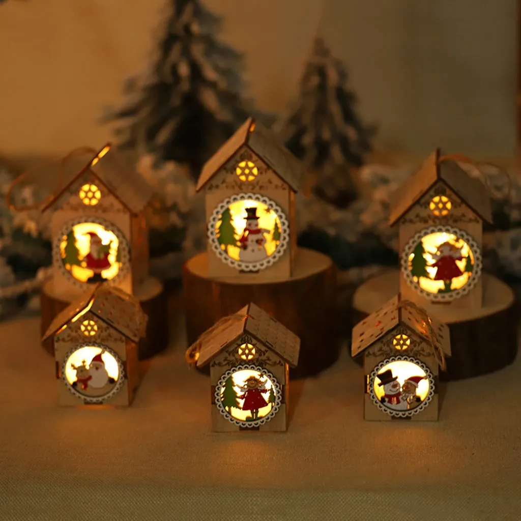 

2pc LED Light Wood House Cute Christmas Tree Hanging Ornaments Holiday Decoration Noel Natale Kerst Adornos de Navidad Natal F92