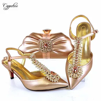 

Charming Champagne Color Evening Party Women's Pointed Toe Pumps Shoes And Purse Bag Set With Stones MM1106 Heel Height 7cm