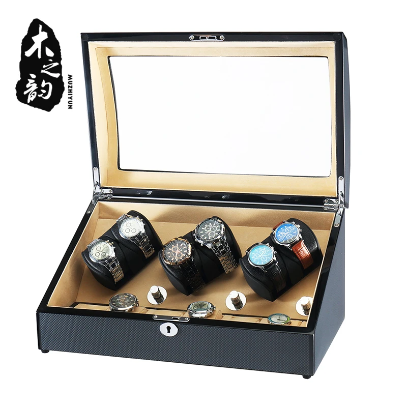 

6+6 Automatic Watch Winder Box PE Leather Watch Winding Winder Storage Watch Box Collection Display Quiet Motor With LED Light