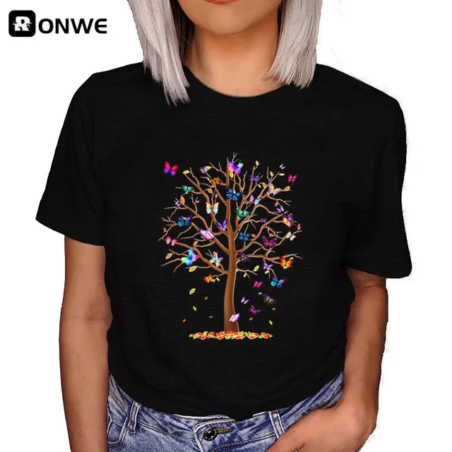 Woman Butterfly Tree Print Harajuku Summer Tshirts Casual Round Neck Short Slee Top Tee Shirt,Drop Ship T280A-Black