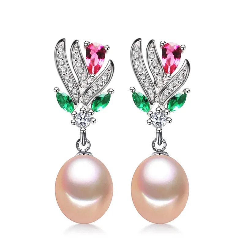 FENASY, серьги из стерлингового серебра 925 пробы, длинные висячие серьги, вечерние серьги с натуральным жемчугом для женщин, ювелирные изделия для свадьбы и помолвки - Цвет камня: A pink pearls