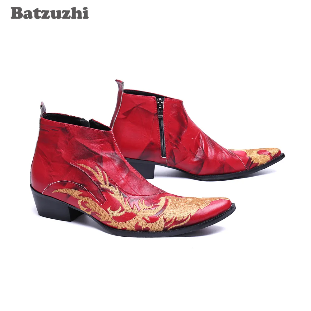 Batzuzhi 6.5cm Heels High Men Boots Shoes Fashion Handmade Leather Ankle Boots Men Red Party and Wedding Boots for Men Botas