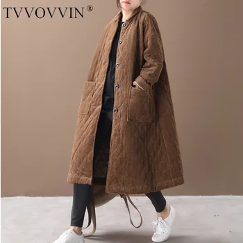 

TVVOVVIN 2019 Winter New Pattern Lapel Long Sleeve Solid Patchwork Pockets Vintage Loose Long Warm Cotton Padded Coat Women X867