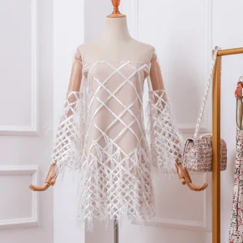 

Brand Dress Woman Spring Temperament Ladies Feather Tassel Sexy Off Shoulder Dresses Party Birthday Dress Girl Students Femme