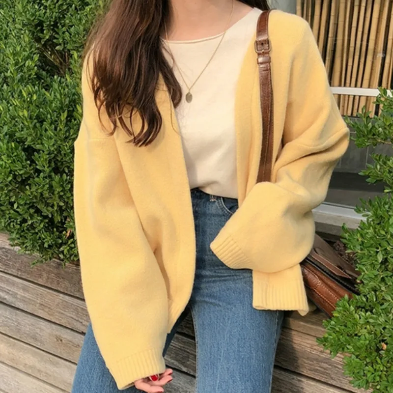 

Elegant Open Stitch Knit Sweater Women 2020 Autumn Winter Casual Loose Solid Cardigan Cashmere Coat Long Sleeve V-neck Outwear
