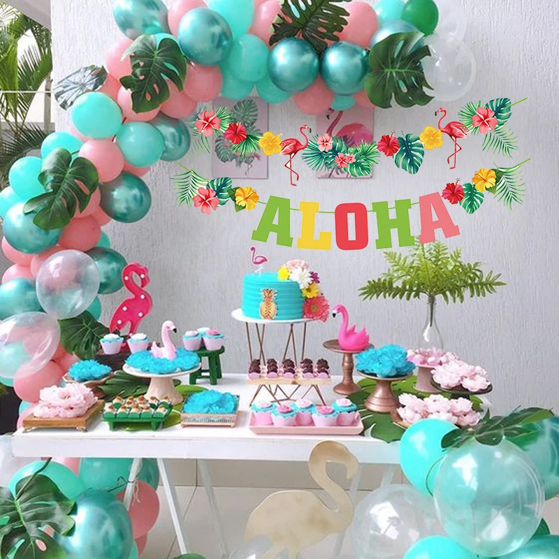 Flamingo Party Tableware Hawaii ALOHA Bunting Banner Balloon Garlands Summer Tropical Hawaiian Party Birthday Wedding Decoration