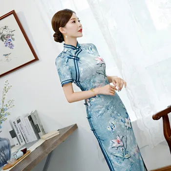 

Big Size 4XL 5XL Women Print Flower Mandarin Collar Cheongsam Chinese Traditional Half Sleeve Long Qipao Evening Party Dress