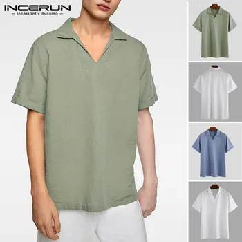 

INCERUN Vintage Men's Shirt Cotton Lapel Loose Streetwear Breathable Solid Camisas Hombre 2020 Short Sleeve Casual Shirts S-5XL