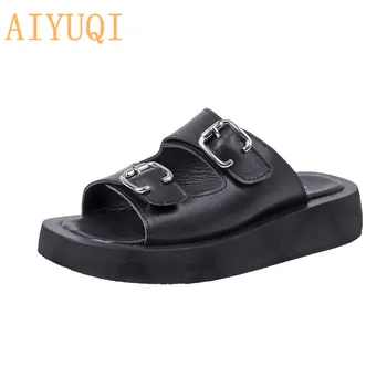 

AIYUQI Summer Slides Women 2020 New Genuine Leather Ladies Slippers Flat With Muffins Outside Wear Beach Slippers Women