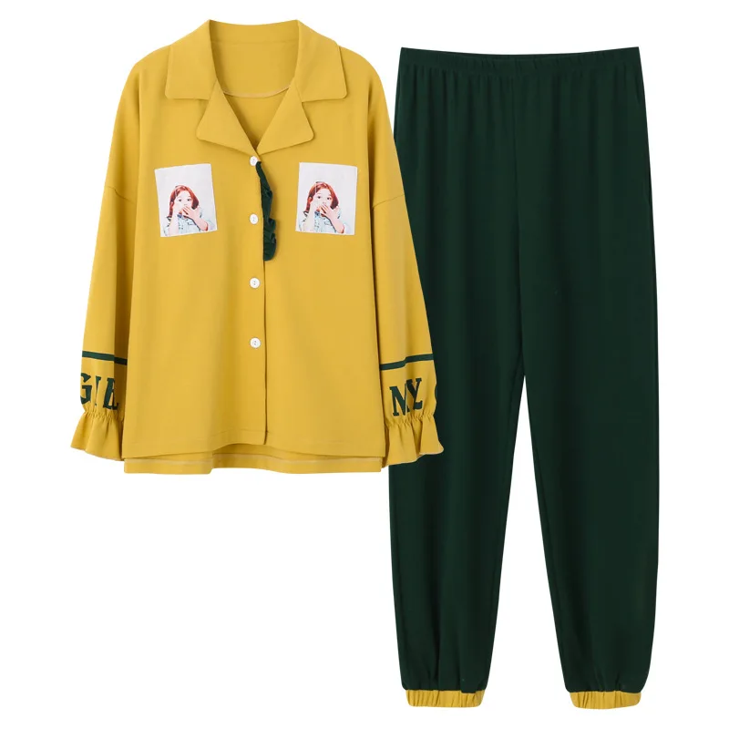Женские пижамные комплекты, Осень-зима, с длинным рукавом, с принтом, сексуальная, симпатичная одежда для сна, для крупных девушек, 2 шт, пижамы, Mujer, для отдыха, для студентов, пижама