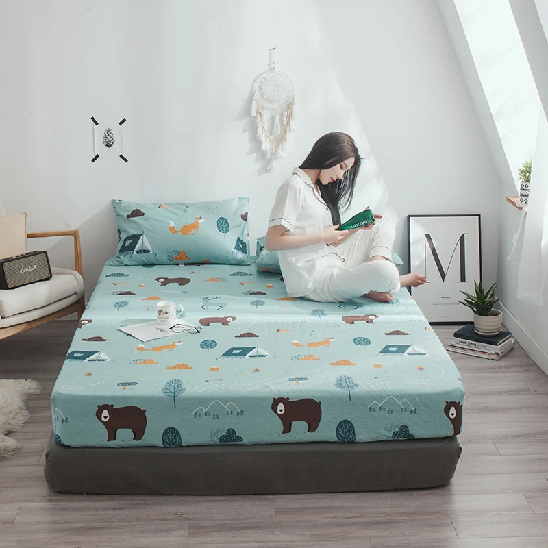 

Nordic Style Forest Bear Small Animal Printed Fitted Sheet Cartoon Bed Sheets with Elastic Band Twin Full Queen Mattress Cover