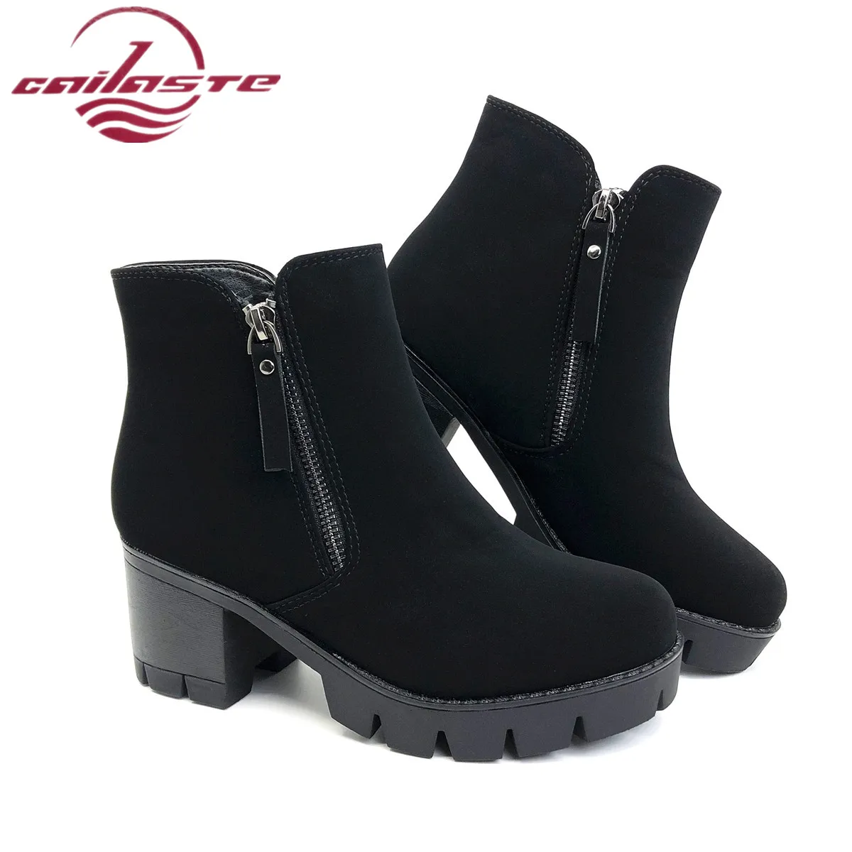 

CAILASTE Women double zipper high heel shoes platform leather suede material ankle boots velvet insole incresse shoes for women
