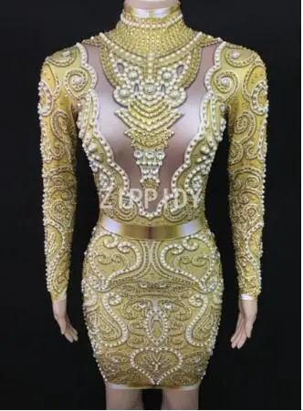 gold dress Модные 3 Цвета Кристаллы платья с жемчугом сексуальный спандекс для женщин певица комбинезон костюмы наряд день рождения Празднование вечернее платье - Цвет: gold dress