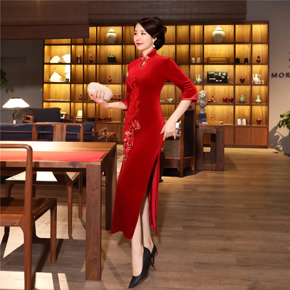 Шанхай история бархат Cheongsam китайское платье вышивка Qipao длинное