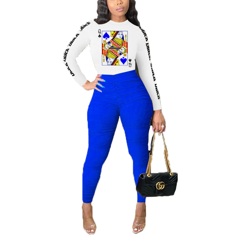 

2020 New Autumn Women Suit Hot Style Model Solid-color Poker Spades Q Print Long Sleeves Shirt & Trousers 2 Piece Se