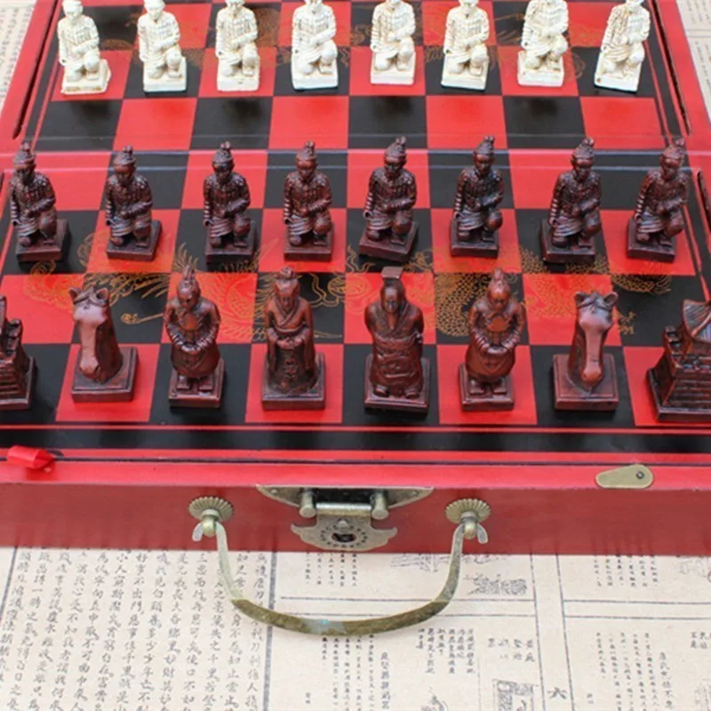 Antique Chess Medium Terracotta Chess Pieces Antique Wooden Folding Chess Board Three-dimensional Character Entertainment