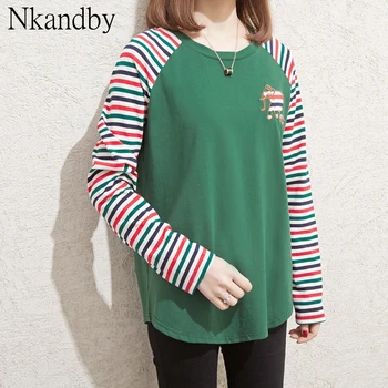 

Nkandby Plus Size Cotton Women T-shirts 2020 Spring Casual Loose Striped Long Sleeve Tops Oversized Embroidery Ladies T Shirts