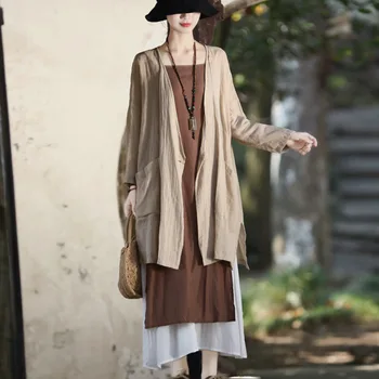 

Womens Retro Solid Color Cotton and Linen Long Cardigan Jacket Chinese Style Fashion Single Row One Button Thin Coat