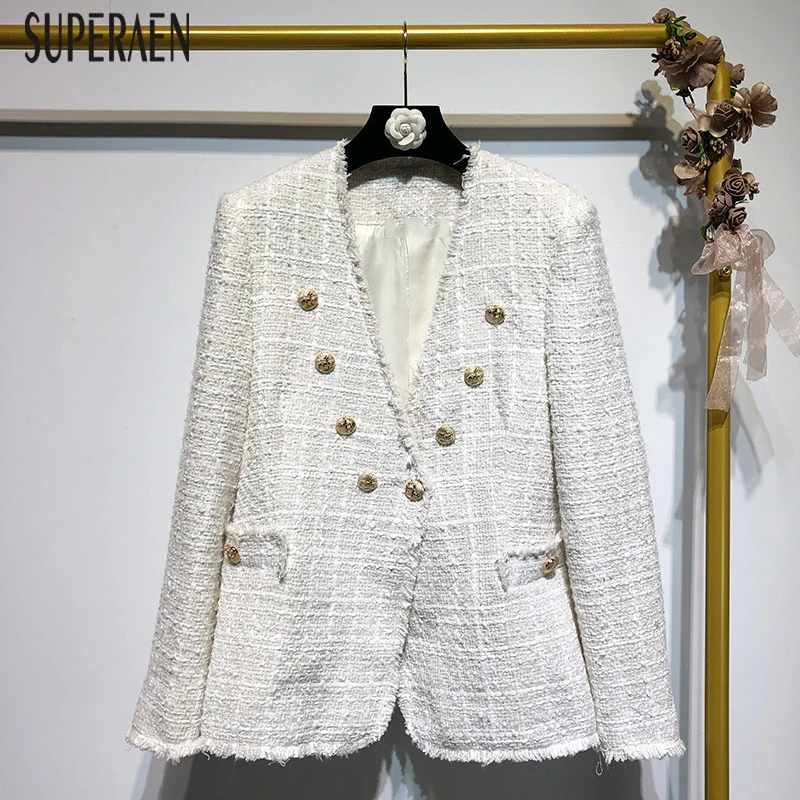 

SuperAen 2019 Autumn New Suit Jacket Temperament Double-breasted V-neck Long-sleeved Jacket Female Wild Fashion Women Clothing
