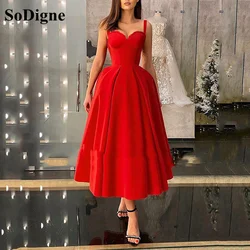SoDigne A Line Satin Evening Party Dresses Sexy Sweetheat Simple Tea Length Formal Gown Short Prom Dress 2021