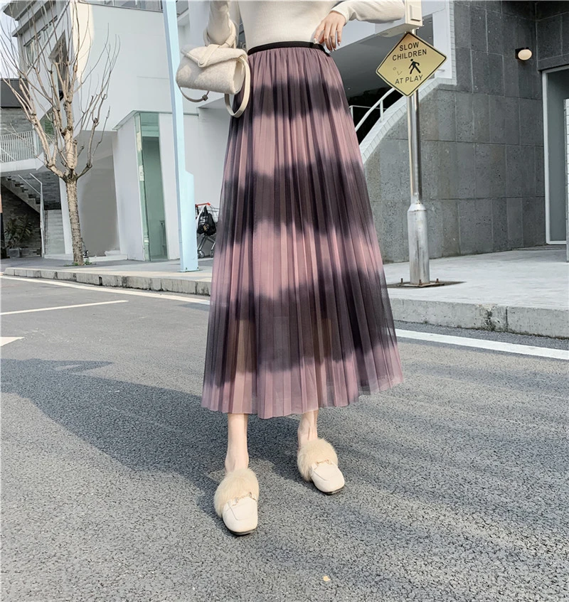 

Autumn Winter Fashion Mesh Skirt Pleated Gradually Color Elastic Tulle Midi Skirts Women Sweet High Waist Korean Long Skirt