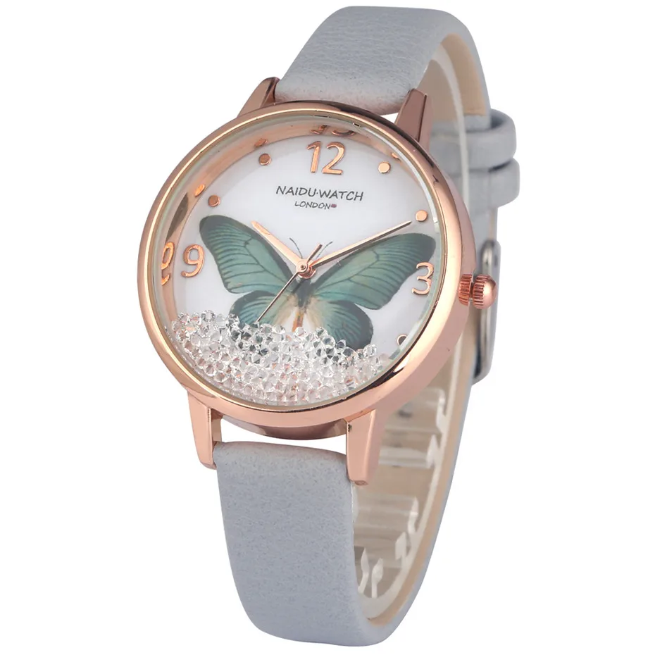 grey leather band Rolling Small Ball Butterfly Дисплей Круглый циферблат Кварцевые часы Женские часы розовое золото нержавеющая сталь часы для девочек лучшие подарки - Цвет: grey leather band