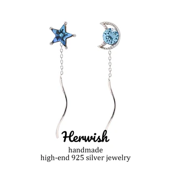 

Herwish Boutique Blue Moon Star Earrings 925 Sterling Silver Cute Bling Earrings Tassels Women Small Korean Fashion Jewelry