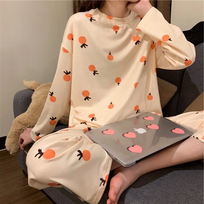 

Cute GIRL'S Orange Pattern Printed Loose-Fit Long Sleeve Trousers Pajamas WOMEN'S Suit 2019 Autumn New Style Home Wear