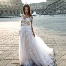Свадебное платье трапециевидной формы с длинными рукавами и кружевной аппликацией; свадебное платье для невесты; свадебное платье на пуговицах; Vestido De Noiva