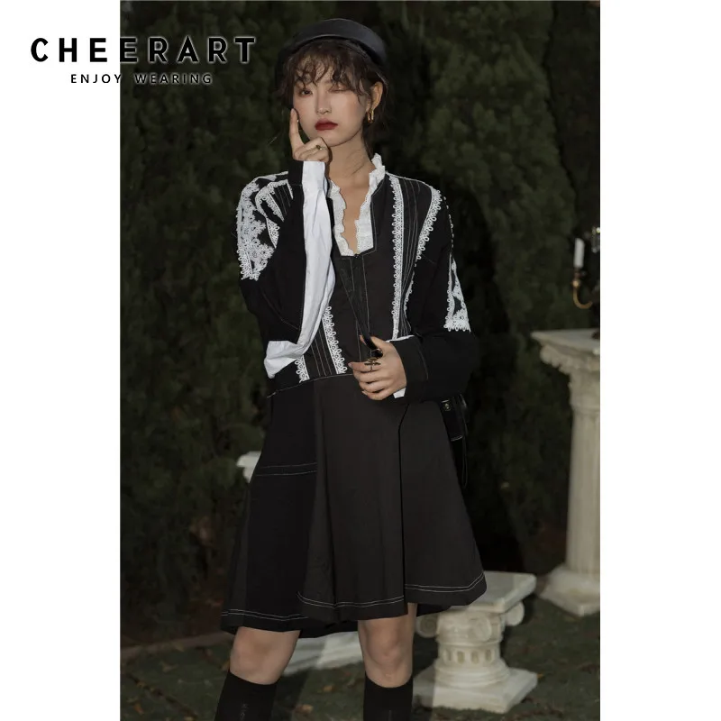 

CHEERART Designer Runway Dress Black Patchwork White Lace V Neck Long Sleeve Vintage Mini Dress Autum Winter 2019