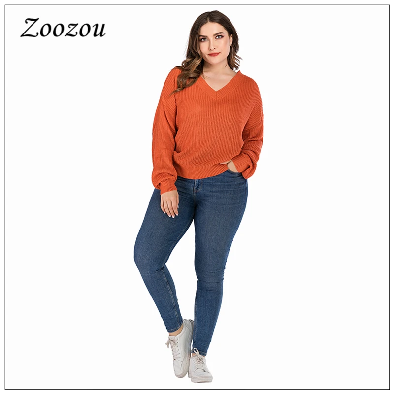 

Fall Winter V Neck Loose Women Sweater Plus Size 4XL Orange Long Sleeve Pullover Back Bandage Casual Ladies Clothing Tops 2020