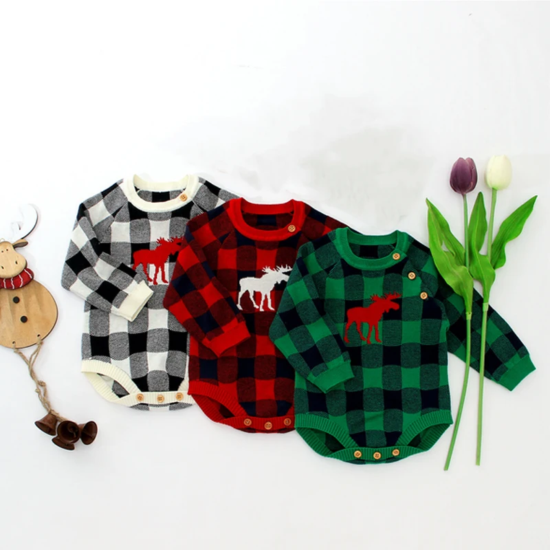 Рождественские боди для новорожденных мальчиков и девочек от 0 до 18 месяцев, Рождественский костюм с оленем, комбинезон в клетку с длинными рукавами