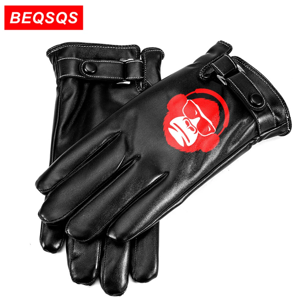 

BEQSQS 1Pair Men PU Leather Gloves Touch Screen Gloves Full Fingers Winter Gloves Thicker Warm Windproof Driving Gloves
