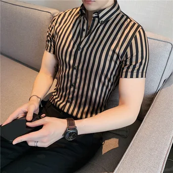 High Quality Summer Short Sleeve Striped Shirts For Men Clothing 2022 Simple Luxury Slim Fit Business Casual Formal Wear Blouses 1