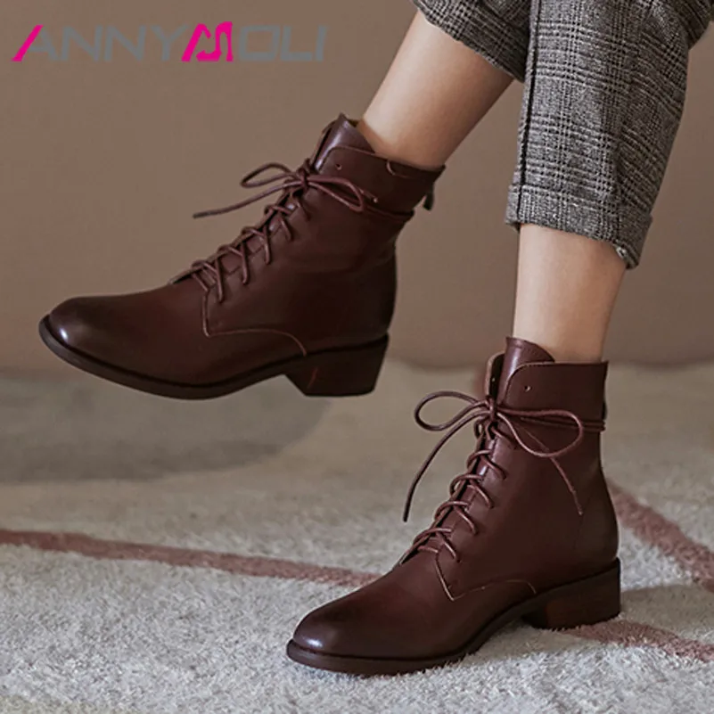 

ANNYMOLI Ankle Boots Women Shoes Real Leather Mid Heel Lady Boots Thick Heels Zip Cross Tied Short Boots Autumn Winter Brown 42
