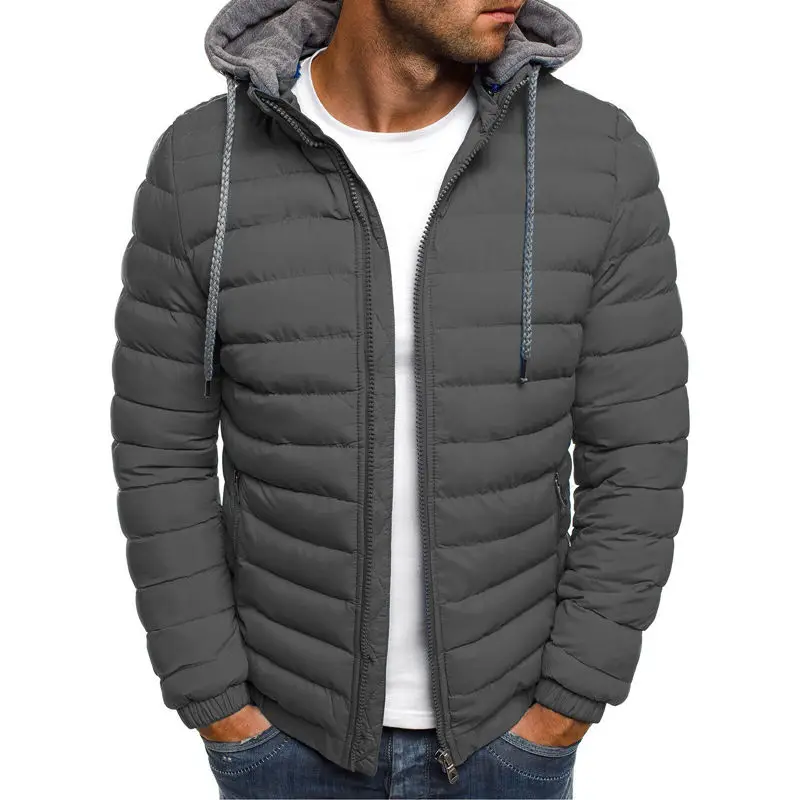 Winter Cotton Men's Down Jacket Hooded Long Sleeve Cardigan Zipper Pockets Solid Thick Fashion Casual Down Jacket