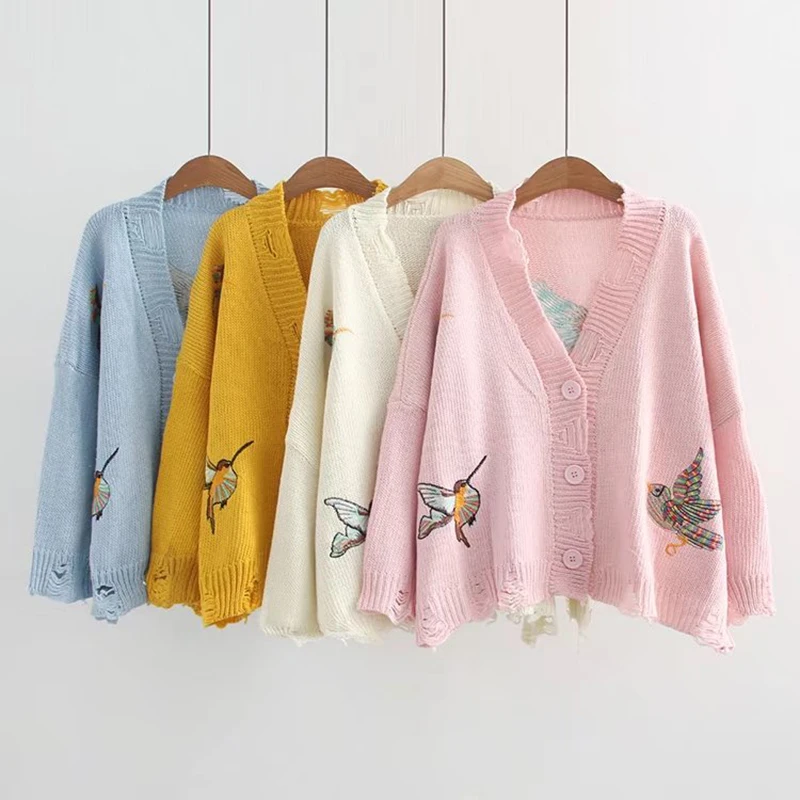 PERHAPS U Sweater Knitted Embroidery Bird Long Sleeve Yellow Beige Blue Single Breasted Cardigans V Neck Autumn New M0123 Hole |