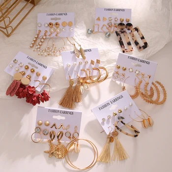 

FAMSHIN Crystal Big Circle Hoop Earrings Set Oversize Flower Gold Earrings For Women Fashion Shell Tassel Earring 2020 Jewelry