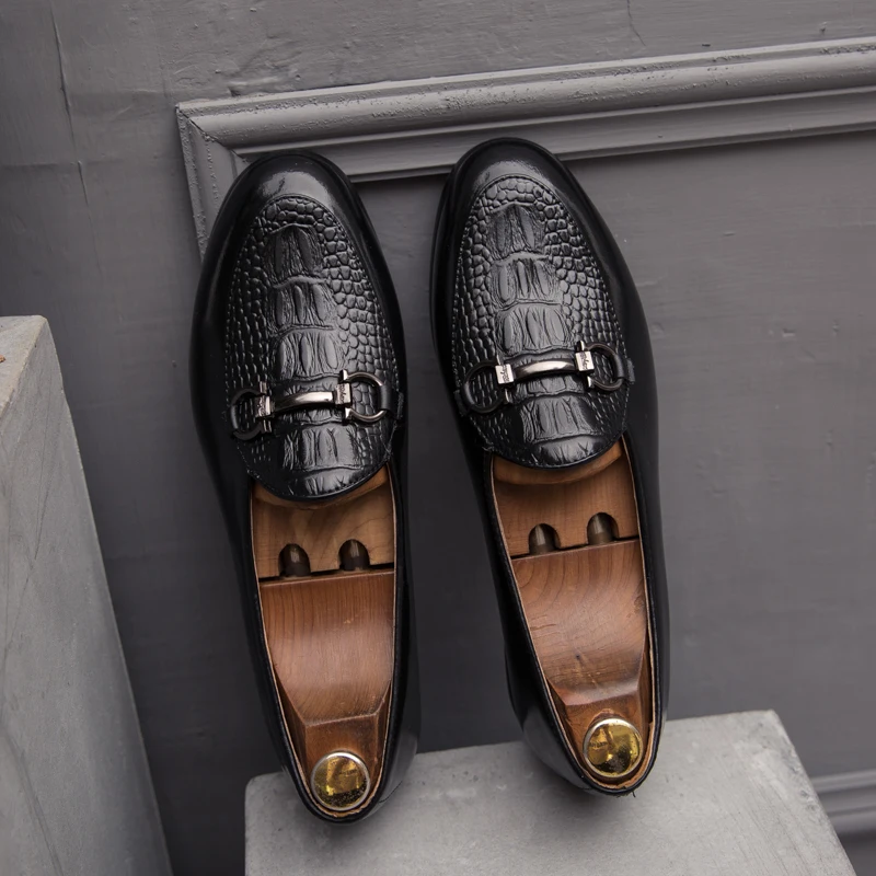 TOSJC Elegant Men's Oxfords Crocodile Pattern Dress Loafers Buckle Business Dress Shoes for Male Breathable Slip-on Formal Shoes