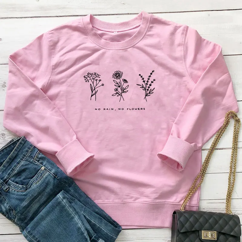 pink-black text Никакой дождь не толстовки с цветочным рисунком Винтаж 80s Стиль Цветочный Принт толстовки осень Для женщин стиле джемпер с графическим рисунком, пуловер, одежда для улицы - Цвет: pink-black text