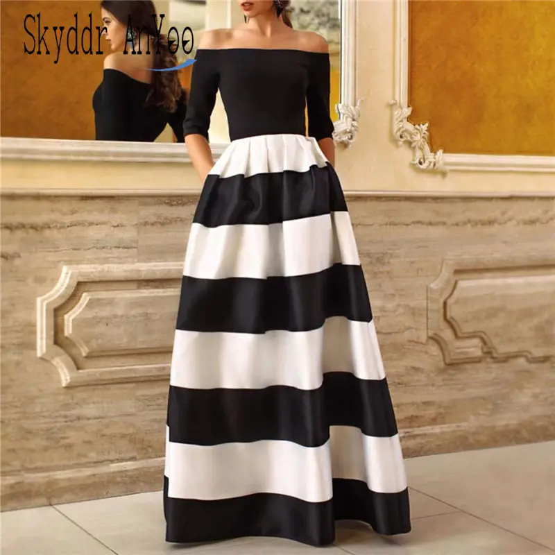 Women Off Shoulder Maxi Party Dresses Black White Striped Formal Dresses Woman Party Night High Waist Elegant Dress Vestidos Women Off Shoulder Maxi Party Dresses Black White Striped Formal Dresses Woman Party Night High Waist Elegant Dress Vestidos