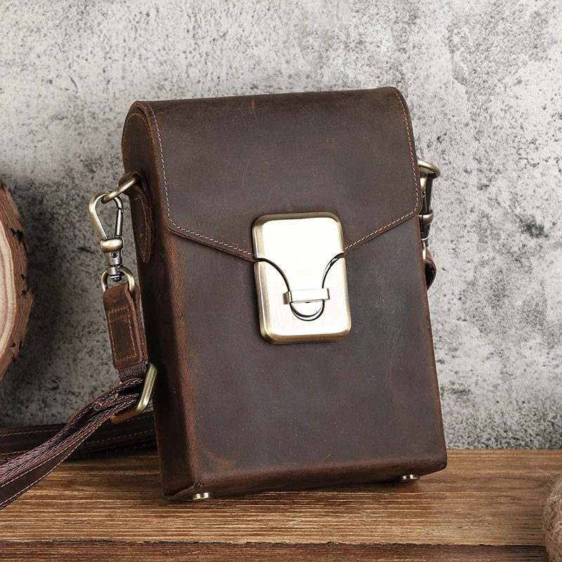 CONTACT'S Crazy Horse Leather Small Crossbody Bag Casual Men Shoulder Bags Luxury Purse Male Leather Men Phone Bag Pouch Bolsos