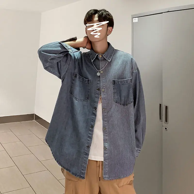 

Autumn Cotton Denim Shirt Men's Fashion Retro Striped Stitching Casual Denim Shirts Mens Streetwear Loose Long-sleeved Shirt Men