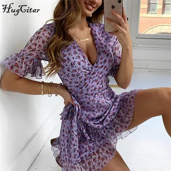 

Hugcitar 2020 short sleeve floral wrap bandage mini dress ruffles irregular summer women sundress fashion outfits