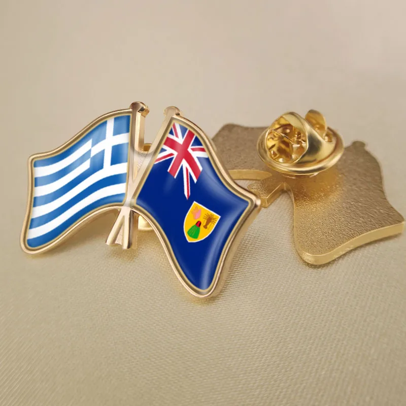 

Greece and Turks and Caicos Islands Crossed Double Friendship Flags Lapel Pins Brooch Badges