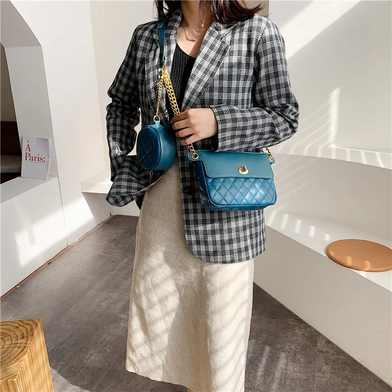 Женские сумки, новейший стиль, сумки на плечо, новые ромбические сумки с двойной цепочкой, повседневные брендовые Модные Сумки из искусственной кожи - Цвет: blue