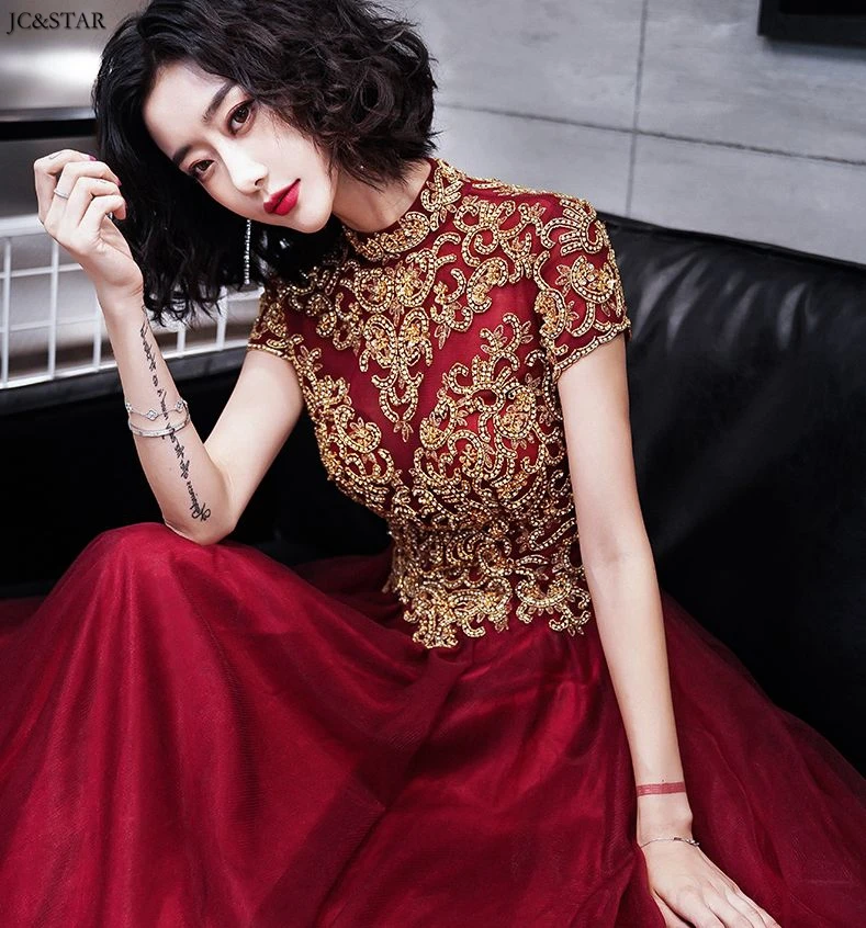 Vestidos fiesta boda, новинка, кружевное платье с высоким воротом, расшитое бисером, короткий рукав, сзади, ТРАПЕЦИЕВИДНОЕ Бордовое платье, длинное свадебное платье для гостей размера плюс