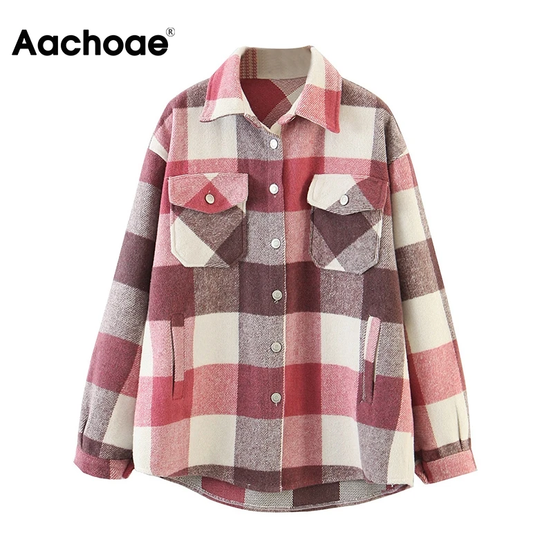 Aachoae Loose Casual Wool Plaid Jacket Women Turn Down Collar Fashion Coat With Pockets Autumn Long Sleeve Ladies Jackets Coats