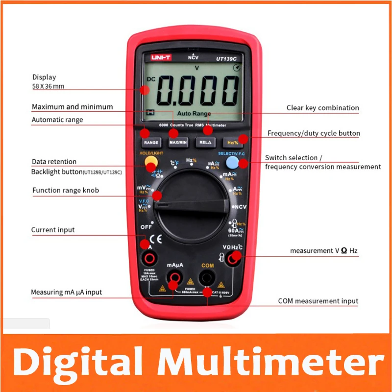 

High Precision Digital Multimeter True RMS Auto Range NCV Temperature Capacitance 6000 Count Frequency LPF